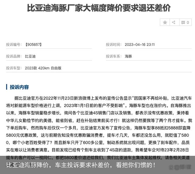 比亚迪海豚降价，车主投诉要求补差价，看把你们惯的！