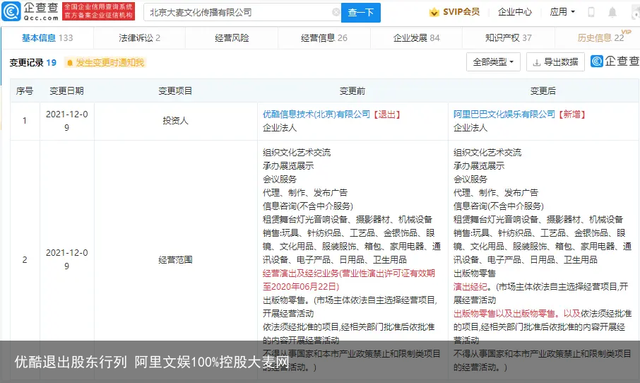 优酷退出股东行列 阿里文娱100%控股大麦网