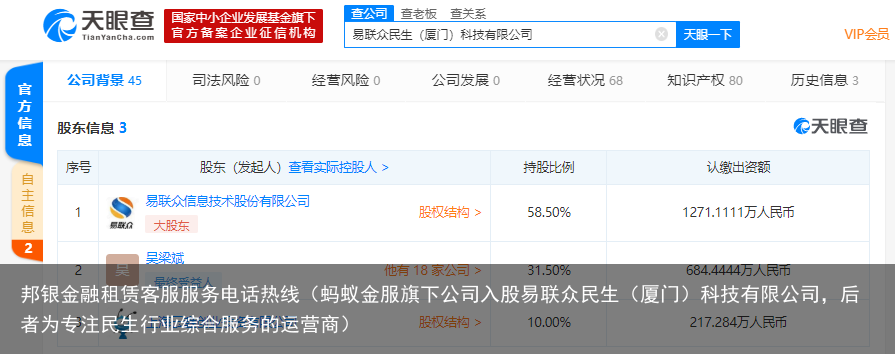 蚂蚁金服旗下公司入股易联众民生（厦门）科技有限公司，后者为专注民生行业综合服务的运营商