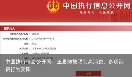 中国执行信息公开网：王思聪被限制高消费，多项消费行为受限