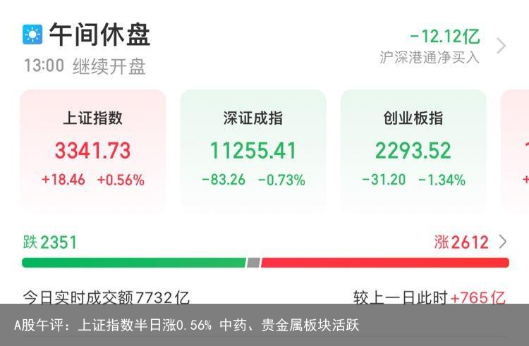 A股午评：上证指数半日涨0.56% 中药、贵金属板块活跃