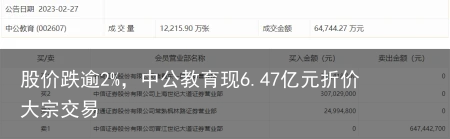 股价跌逾2%，中公教育现6.47亿元折价大宗交易